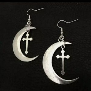 Silver Crescent Moon Gothic Cross Earrings